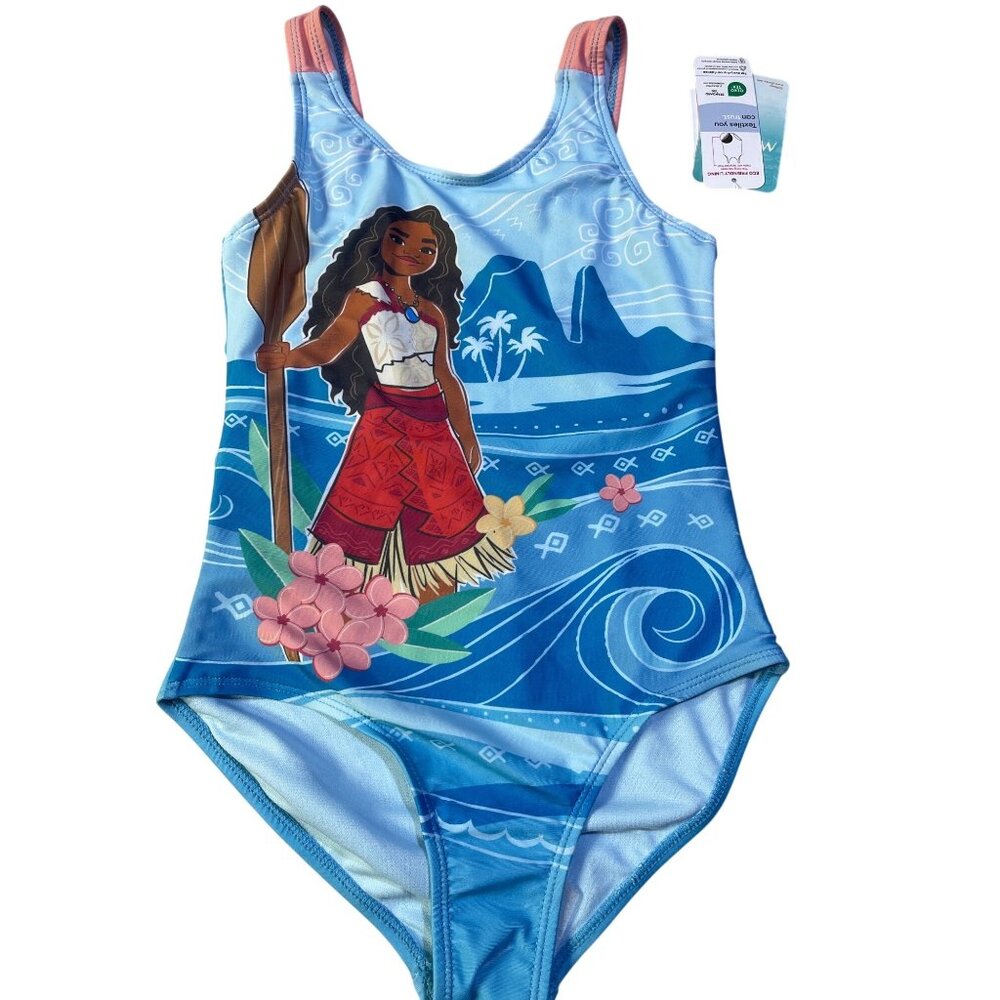 Moana Girls Size 7/8 One-Piece Swimsuit Blue Tropical Design